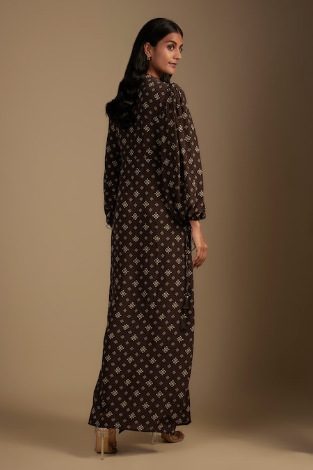 Shop Nadima Saqib Brown Crepe Tassels V-neck Maxi Dress With Embellished Neckline at Aza Fashions Shop_Nadima Saqib_Brown Crepe Tassels V-neck Maxi Dress With Embellished Neckline _at_Aza_Fashions