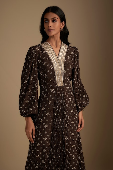 Nadima Saqib Brown Crepe Tassels V-neck Maxi Dress With Embellished Neckline Online at Aza Fashions Nadima Saqib_Brown Crepe Tassels V-neck Maxi Dress With Embellished Neckline _Online_at_Aza_Fashions