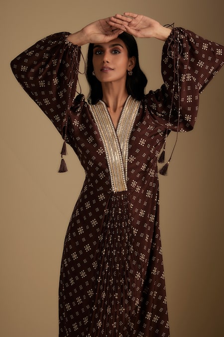 Buy Nadima Saqib Brown Crepe Tassels V-neck Maxi Dress With Embellished Neckline Online at Aza Fashions Buy_Nadima Saqib_Brown Crepe Tassels V-neck Maxi Dress With Embellished Neckline _Online_at_Aza_Fashions