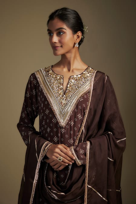 Nadima Saqib_Brown Crepe, Organza Sequins, Printed Kurta Set With Palazzo And Dupatta _Online_at_Aza_Fashions