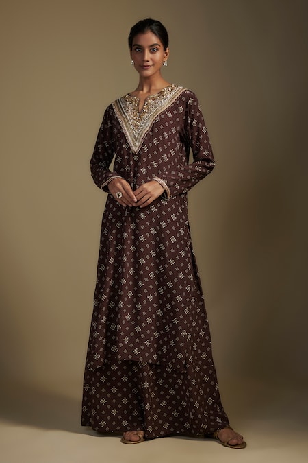 Buy_Nadima Saqib_Brown Crepe, Organza Sequins, Printed Kurta Set With Palazzo And Dupatta _Online_at_Aza_Fashions
