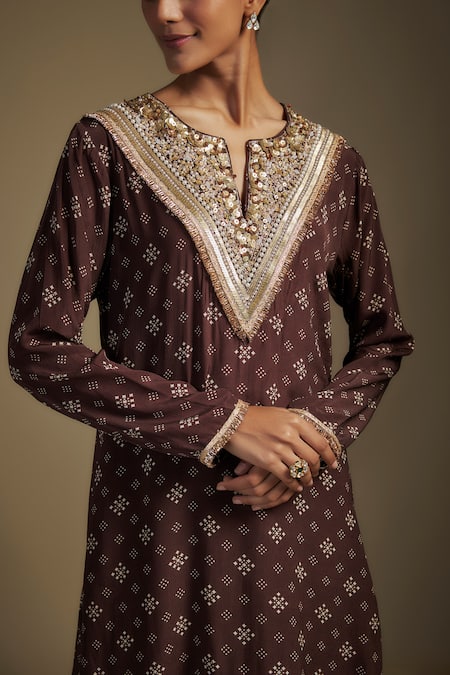Nadima Saqib_Brown Crepe, Organza Sequins, Printed Kurta Set With Palazzo And Dupatta _at_Aza_Fashions