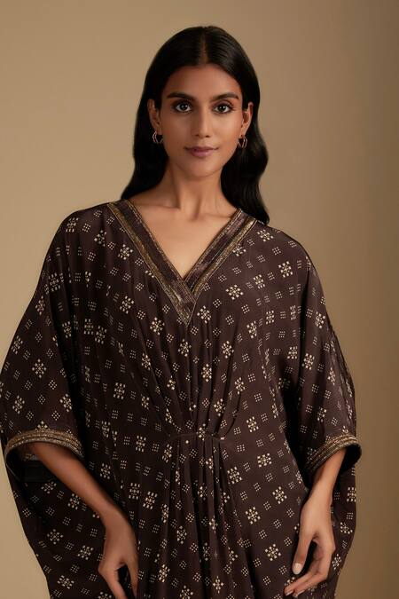 Nadima Saqib_Brown Crepe Embroidery V-neck Printed Designer Kaftan _Online_at_Aza_Fashions