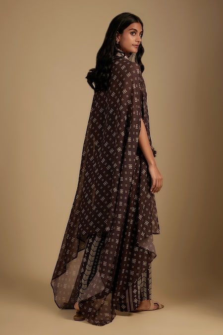 Nadima Saqib Brown Printed Jumpsuit & Cape Set 