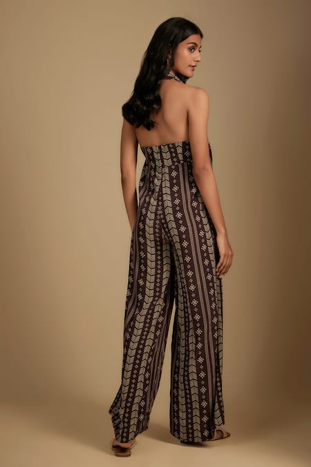 Nadima Saqib Brown Crepe Halter Neck Printed Jumpsuit And Cape Set Online at Aza Fashions Nadima Saqib_Brown Crepe Halter Neck Printed Jumpsuit And Cape Set _Online_at_Aza_Fashions