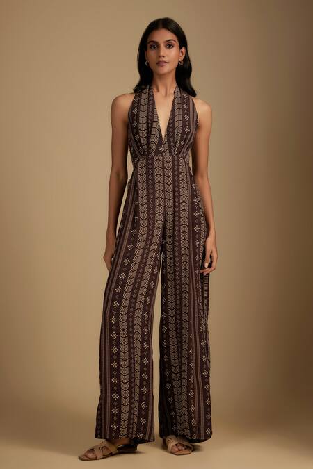 Buy Nadima Saqib Brown Crepe Halter Neck Printed Jumpsuit And Cape Set Online at Aza Fashions Buy_Nadima Saqib_Brown Crepe Halter Neck Printed Jumpsuit And Cape Set _Online_at_Aza_Fashions