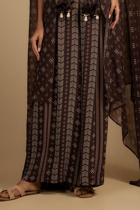 Nadima Saqib Brown Crepe Halter Neck Printed Jumpsuit And Cape Set at Aza Fashions Nadima Saqib_Brown Crepe Halter Neck Printed Jumpsuit And Cape Set _at_Aza_Fashions