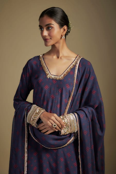 Nadima Saqib_Navy Crepe, Silk, Georgette Sequins, Zari Blue Designer Kurta Set With Dupatta _Online_at_Aza_Fashions