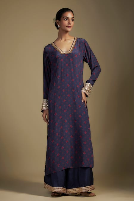 Shop_Nadima Saqib_Navy Crepe, Silk, Georgette Sequins, Zari Blue Designer Kurta Set With Dupatta _Online_at_Aza_Fashions