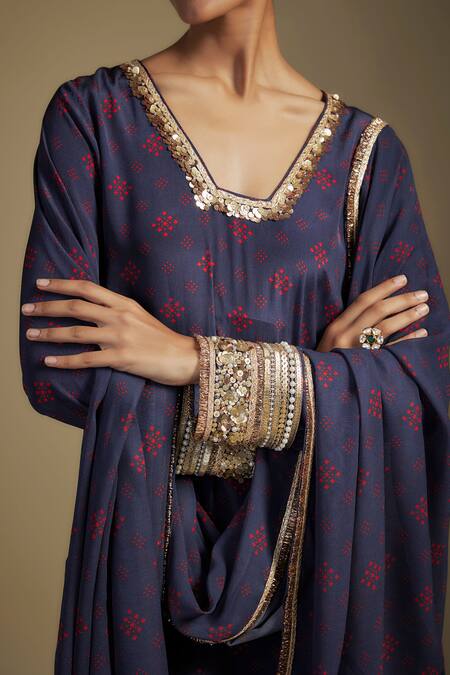 Nadima Saqib_Navy Crepe, Silk, Georgette Sequins, Zari Blue Designer Kurta Set With Dupatta _at_Aza_Fashions