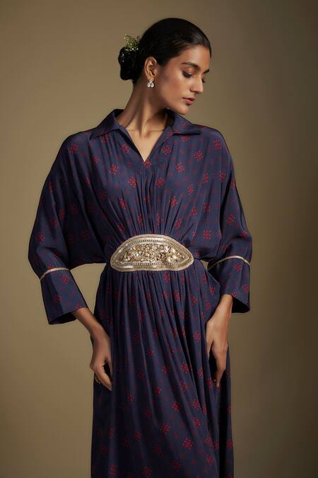 Nadima Saqib_Navy Crepe Beads Collared Blue Maxi Dress _Online_at_Aza_Fashions