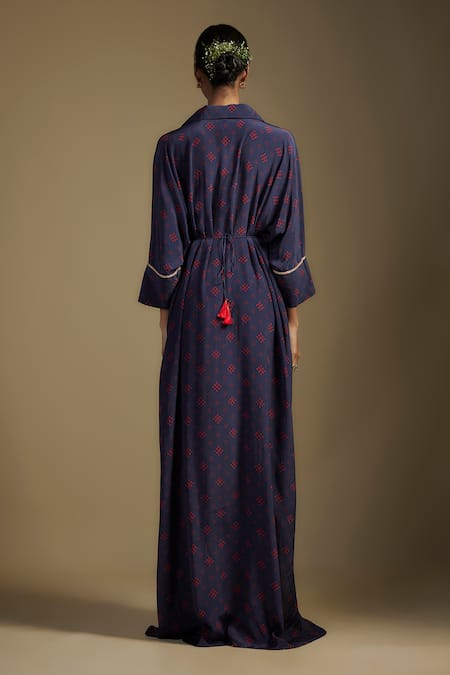 Shop_Nadima Saqib_Navy Crepe Beads Collared Blue Maxi Dress _at_Aza_Fashions