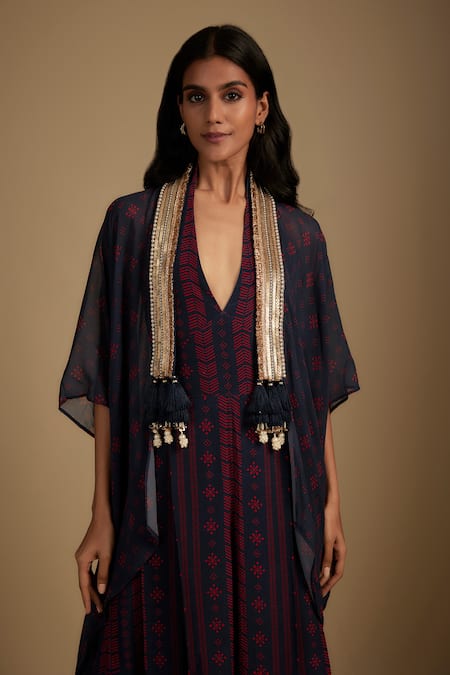 Nadima Saqib_Navy Crepe V-neck Blue Jumpsuit With Georgette Cape _Online_at_Aza_Fashions