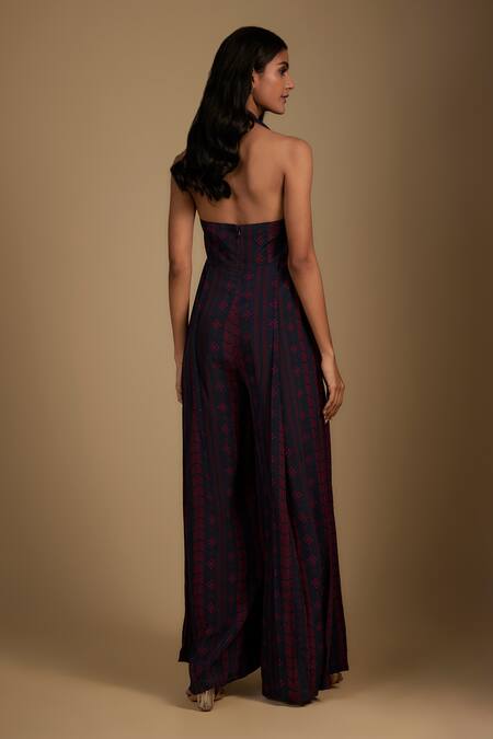 Buy_Nadima Saqib_Navy Crepe V-neck Blue Jumpsuit With Georgette Cape _Online_at_Aza_Fashions