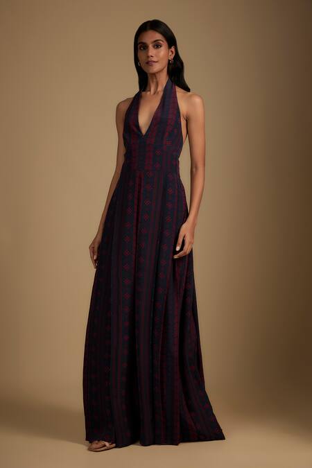 Shop_Nadima Saqib_Navy Crepe V-neck Blue Jumpsuit With Georgette Cape _Online_at_Aza_Fashions