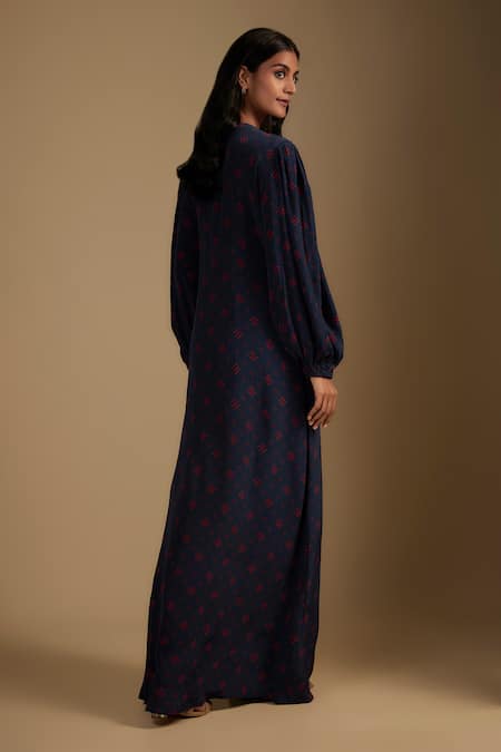 Shop Nadima Saqib Navy Crepe Tassels Round Neck Blue Pleated Designer Maxi Dress at Aza Fashions Shop_Nadima Saqib_Navy Crepe Tassels Round Neck Blue Pleated Designer Maxi Dress _at_Aza_Fashions