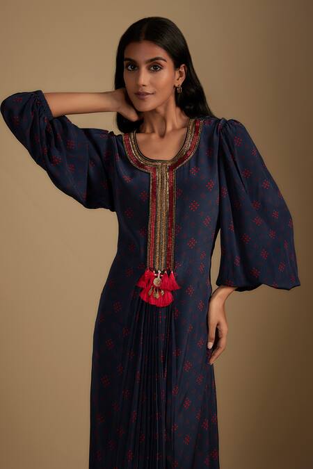 Nadima Saqib Navy Crepe Tassels Round Neck Blue Pleated Designer Maxi Dress Online at Aza Fashions Nadima Saqib_Navy Crepe Tassels Round Neck Blue Pleated Designer Maxi Dress _Online_at_Aza_Fashions