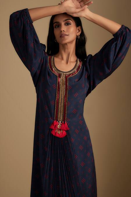 Buy Nadima Saqib Navy Crepe Tassels Round Neck Blue Pleated Designer Maxi Dress Online at Aza Fashions Buy_Nadima Saqib_Navy Crepe Tassels Round Neck Blue Pleated Designer Maxi Dress _Online_at_Aza_Fashions