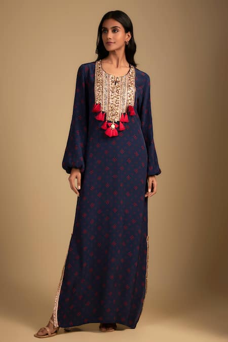 Nadima Saqib Navy Crepe Tassels, Sequins Round Neck Blue Embroidered Kaftan Online at Aza Fashions Nadima Saqib_Navy Crepe Tassels, Sequins Round Neck Blue Embroidered Kaftan _Online_at_Aza_Fashions