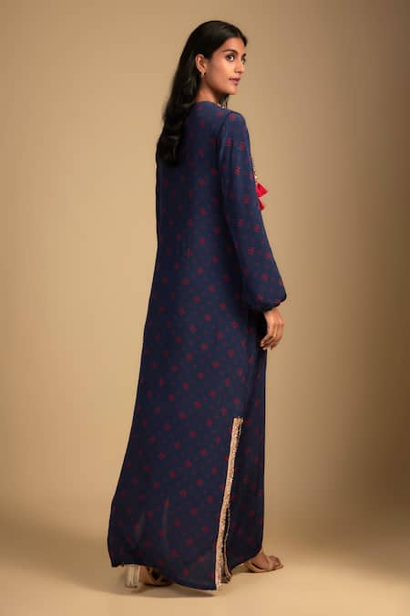 Shop Nadima Saqib Navy Crepe Tassels, Sequins Round Neck Blue Embroidered Kaftan at Aza Fashions Shop_Nadima Saqib_Navy Crepe Tassels, Sequins Round Neck Blue Embroidered Kaftan _at_Aza_Fashions