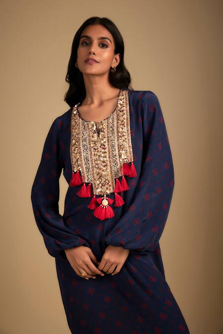 Buy Nadima Saqib Navy Crepe Tassels, Sequins Round Neck Blue Embroidered Kaftan Online at Aza Fashions Buy_Nadima Saqib_Navy Crepe Tassels, Sequins Round Neck Blue Embroidered Kaftan _Online_at_Aza_Fashions