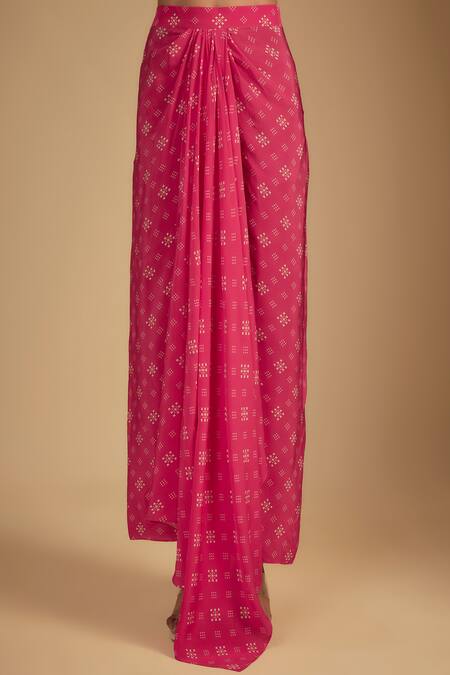 Buy_Nadima Saqib_Fuchsia Silk, Crepe Sequins Pink Embellished Blouse And Draped Skirt Set _Online_at_Aza_Fashions