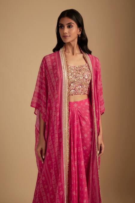 Shop_Nadima Saqib_Fuchsia Silk, Crepe Sequins Pink Embellished Blouse And Draped Skirt Set _Online_at_Aza_Fashions