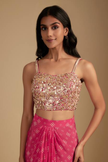 Nadima Saqib_Fuchsia Silk, Crepe Sequins Pink Embellished Blouse And Draped Skirt Set _at_Aza_Fashions