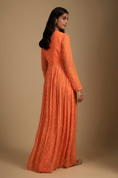 Shop Nadima Saqib Orange Crepe Sequins, Embroidery Round Neck Anarkali Set at Aza Fashions Shop_Nadima Saqib_Orange Crepe Sequins, Embroidery Round Neck Anarkali Set _at_Aza_Fashions