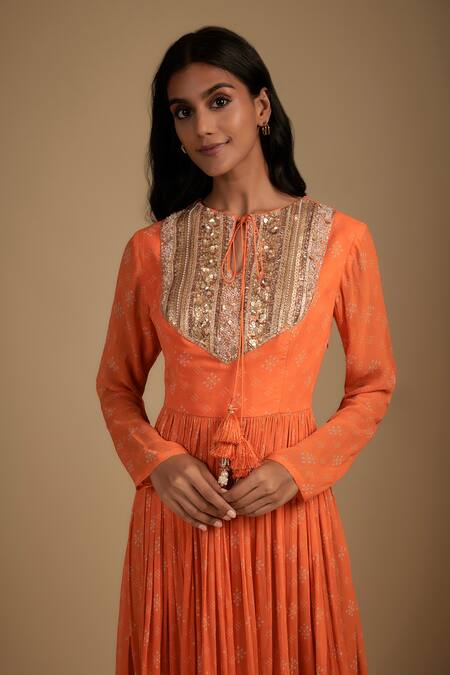 Nadima Saqib Orange Crepe Sequins, Embroidery Round Neck Anarkali Set Online at Aza Fashions Nadima Saqib_Orange Crepe Sequins, Embroidery Round Neck Anarkali Set _Online_at_Aza_Fashions