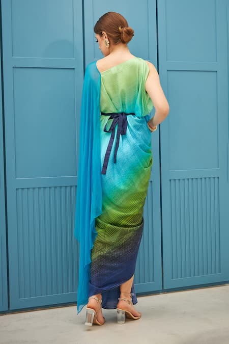 Naina Seth_Multi Color Silk, Chiffon Studs V-neck Blue And Green Ombre Saree Gown Set _Online_at_Aza_Fashions