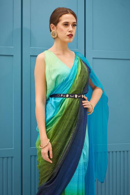 Shop_Naina Seth_Multi Color Silk, Chiffon Studs V-neck Blue And Green Ombre Saree Gown Set _Online_at_Aza_Fashions