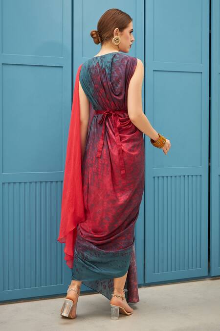 Naina Seth_Red Silk, Chiffon And Teal Blue Designer Saree Gown _Online_at_Aza_Fashions