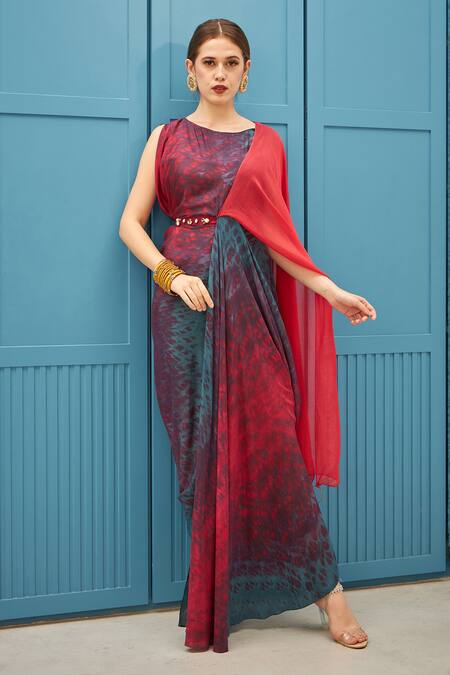 Buy_Naina Seth_Red Silk, Chiffon And Teal Blue Designer Saree Gown _Online_at_Aza_Fashions