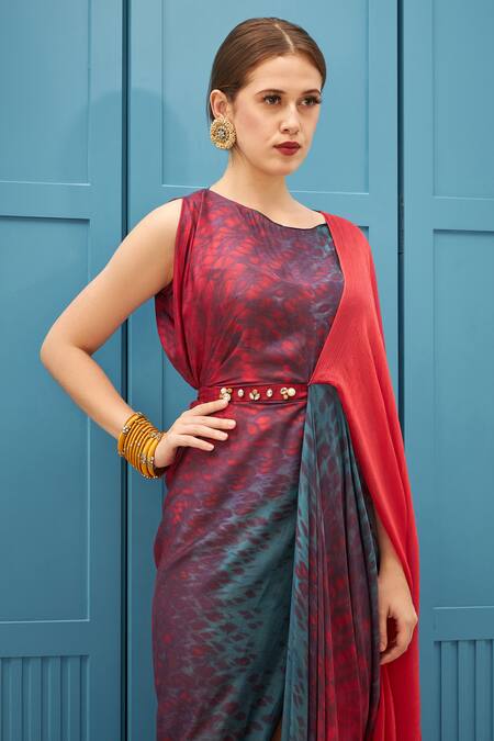 Shop_Naina Seth_Red Silk, Chiffon And Teal Blue Designer Saree Gown _Online_at_Aza_Fashions