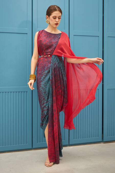 Naina Seth_Red Silk, Chiffon And Teal Blue Designer Saree Gown _at_Aza_Fashions