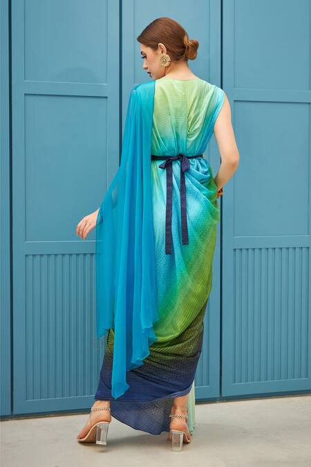 Naina Seth_Blue Silk, Chiffon Gradient And Green Saree Gown _Online_at_Aza_Fashions