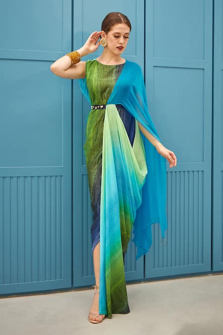 Buy_Naina Seth_Blue Silk, Chiffon Gradient And Green Saree Gown _Online_at_Aza_Fashions