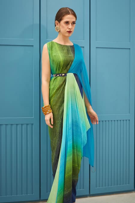 Shop_Naina Seth_Blue Silk, Chiffon Gradient And Green Saree Gown _Online_at_Aza_Fashions