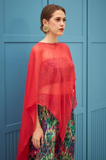 Naina Seth_Coral Chiffon, Silk Round Neck Digital Print Dhoti Set _Online_at_Aza_Fashions