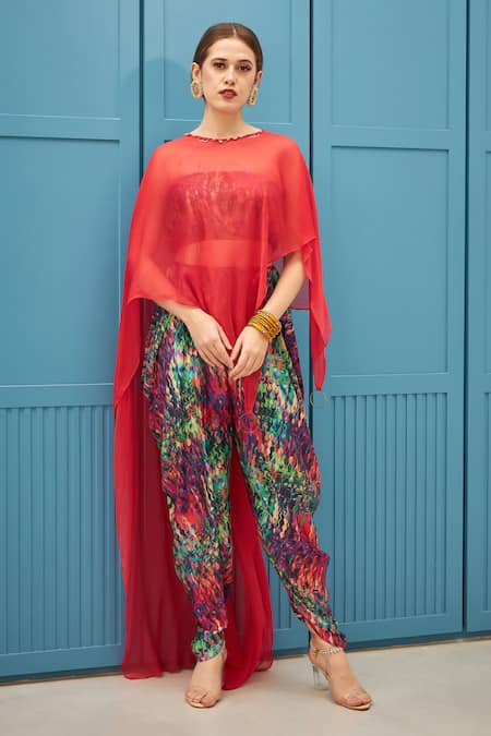 Buy_Naina Seth_Coral Chiffon, Silk Round Neck Digital Print Dhoti Set _Online_at_Aza_Fashions