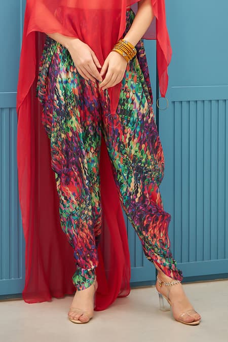 Shop_Naina Seth_Coral Chiffon, Silk Round Neck Digital Print Dhoti Set _Online_at_Aza_Fashions