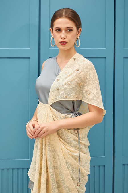 Buy_Naina Seth_Off White Satin, Asymmetric Floral Midi Dress _Online_at_Aza_Fashions