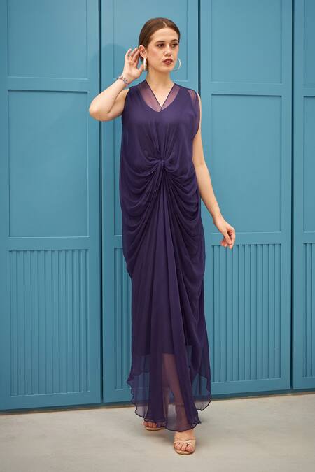 Naina Seth_Purple Chiffon, Satin V-neck Draped Gown _Online_at_Aza_Fashions