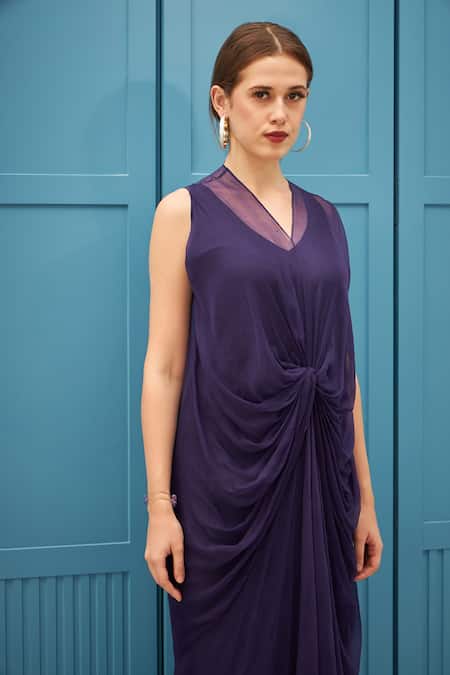 Buy_Naina Seth_Purple Chiffon, Satin V-neck Draped Gown _Online_at_Aza_Fashions