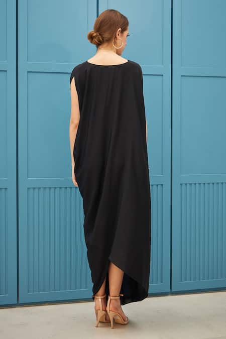 Naina Seth_Black Crepe Round Neck Draped Designer Gown _Online_at_Aza_Fashions