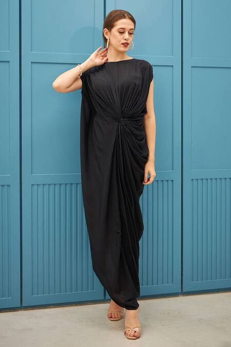 Shop_Naina Seth_Black Crepe Round Neck Draped Designer Gown _Online_at_Aza_Fashions
