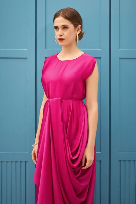 Naina Seth_Fuchsia Satin, Silk Round Neck Designer Gown_Online_at_Aza_Fashions
