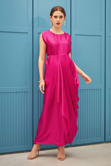 Buy_Naina Seth_Fuchsia Satin, Silk Round Neck Designer Gown_Online_at_Aza_Fashions