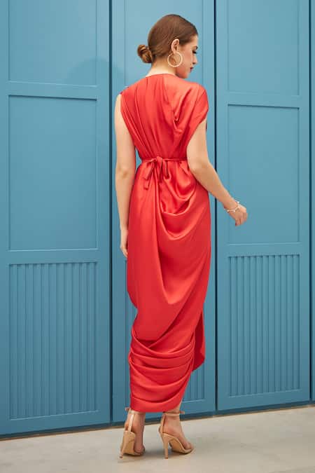 Naina Seth Burnt Orange Draped Midi Dress 